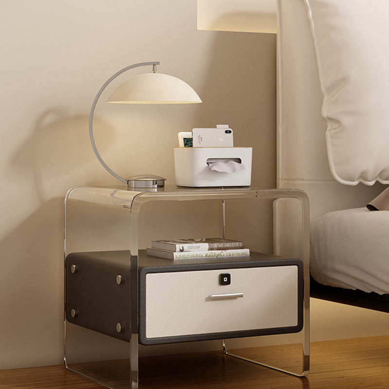 Modern Minimalist Cubic Rectangular Acrylic Wood Metal Nightstand 1-Drawer For Bedside