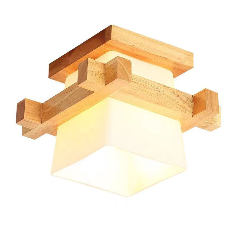 Traditional Japanese Wood Frame Glass Column 1-Light Semi-Flush Mount Ceiling Light For Living Room