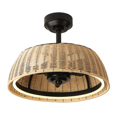 Modern Creative Rattan Weaving Round LED Downrods Ceiling Fan Light