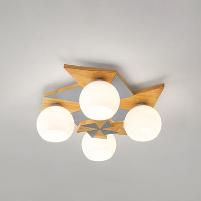 Contemporary Creative Windmill Orb Wood Iron Glass 4-Light Flush Mount Ceiling Light For Bedroom