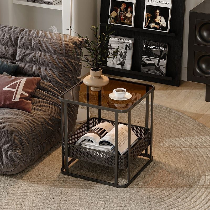 Modern Minimalist Square Rectangular Glass Rock Slab Metal Coffee Table For Living Room