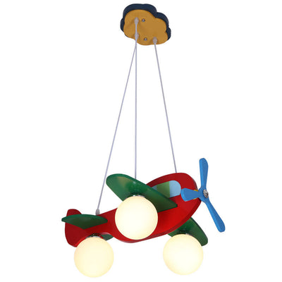 Contemporary Creative Wooden Propeller Plane 3-Light Kids Chandelier For Living Room