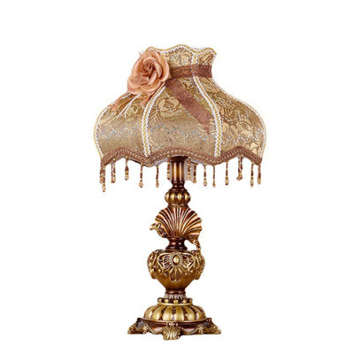 Traditional European Pastoral Flower Pattern Fabric Shade Resin Carved Base 1-Light Table Lamp For Home Office