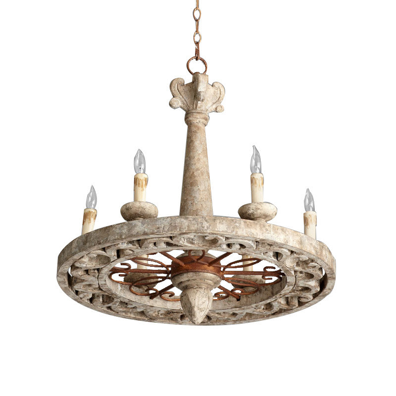 Traditional Farmhouse Distressed Wood Candlestick Iron Round 6-Light Chandelier For Living Room