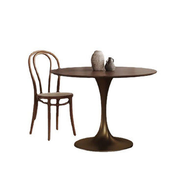 Contemporary Retro Round Walnut Copper Rattan Dining Table & Chair Set For 2 Seats