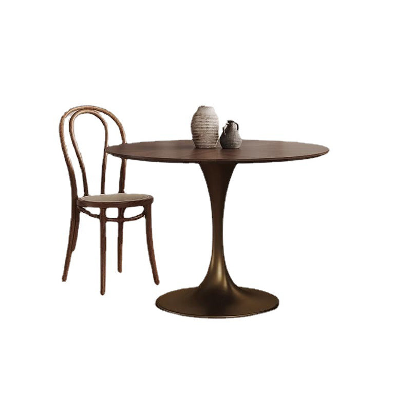 Contemporary Retro Round Walnut Copper Rattan Dining Table & Chair Set For 2 Seats