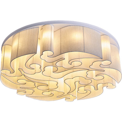 Traditional Chinese Iron Fabric Round Cloud 5/6/7/9/12/13 Light Flush Mount Ceiling Light For Bedroom