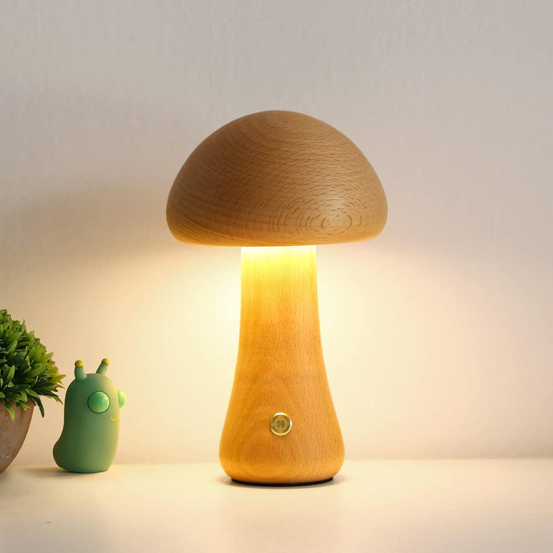 Contemporary Creative USB Mushroom Wood LED Table Lamp For Bedroom