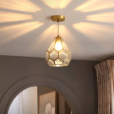 Modern Luxury Gold Finish Frame Geometric Glass Shade 1-Light Pendant Light For Bedroom