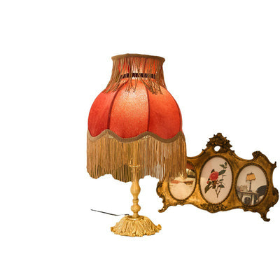 Traditional French Fabric Tassel Shade Full Copper Base 1-Light Table Lamp For Home Office