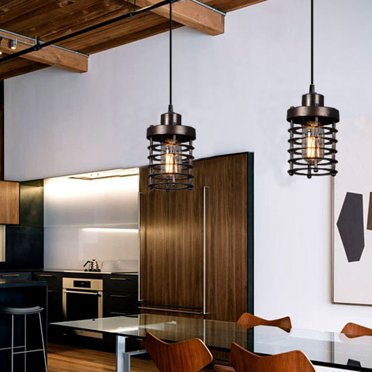 Contemporary Industrial Openwork Cylinder Iron 1-Light Pendant Light For Living Room