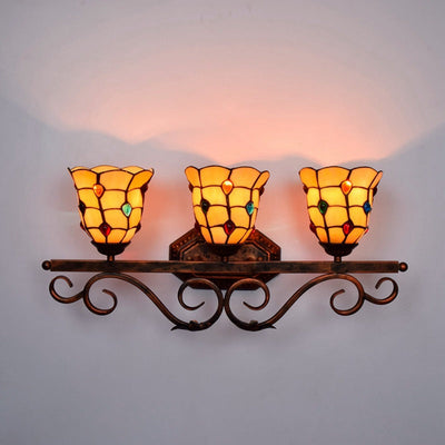 Traditional Tiffany Stained Glass Cup Shade Iron 3-Light Vanity Mirror Front Wall Sconce Lamp For Bedroom