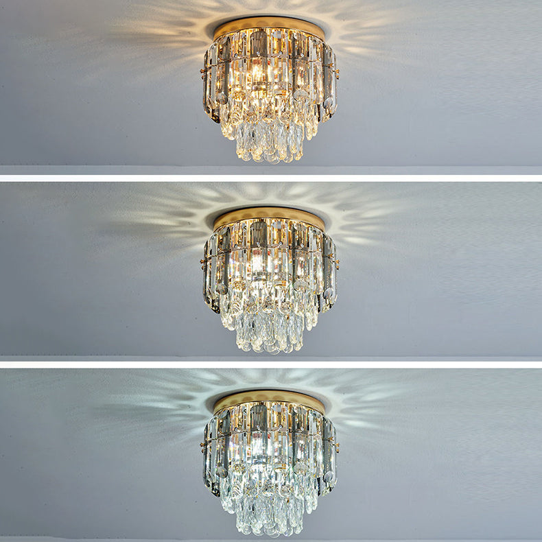 Modern Luxury Art Deco Round Crystal Gold 3-Light Flush Mount Ceiling Light For Hallway