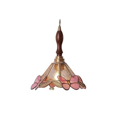 Traditional Japanese Butterfly Glass Conical 1-Light Pendant Light For Living Room