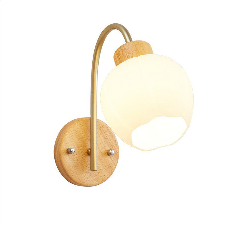 Contemporary Creative Bell Orchid Flower Pleated Glass Shade Wood 1-Light Wall Sconce Lamp For Living Room