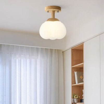 Modern Simplicity Rubber Wood PE Pumpkin Round 1-Light Semi-Flush Mount Ceiling Light For Hallway