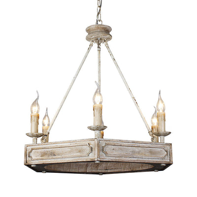 Traditional Rustic Distressed White Carving Wood Beam Hexagon Iron 6-Light Chandelier For Living Room