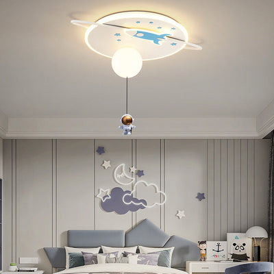 Contemporary Creative Iron Acrylic Rocket Astronaut LED Kids Flush Mount Ceiling Light For Bedroom