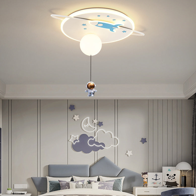 Contemporary Creative Iron Acrylic Rocket Astronaut LED Kids Flush Mount Ceiling Light For Bedroom