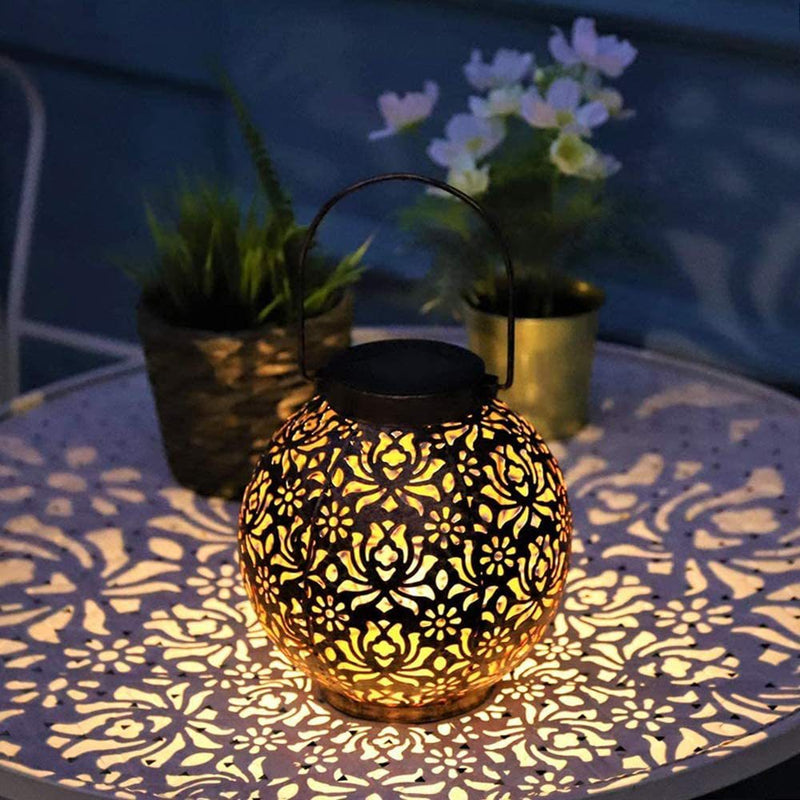 Modern Art Deco Solar Waterproof Hollow Out Blip Round Lantern Iron LED Outdoor Light For Garden