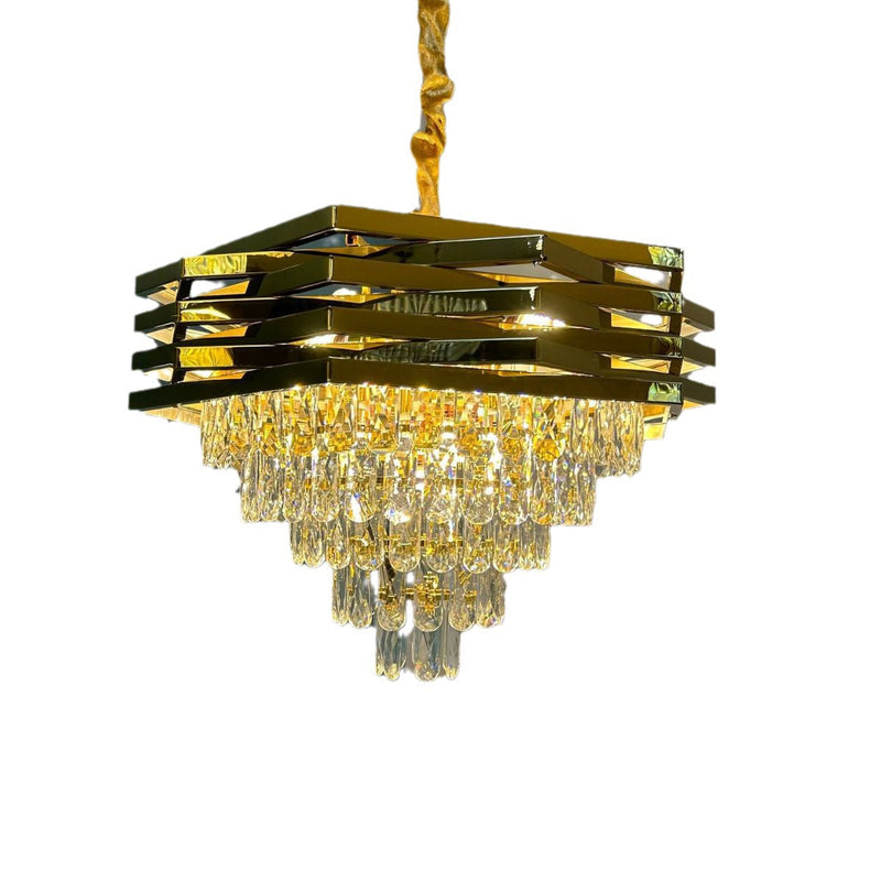 Contemporary Luxury Square Stacked Branch Crystal Metal Stainless Steel 5/7/8/9 Light Chandelier For Living Room