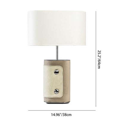 Modern Transitional Fabric Cylinder Shade Leather Column Base 1-Light Table Lamp For Bedroom