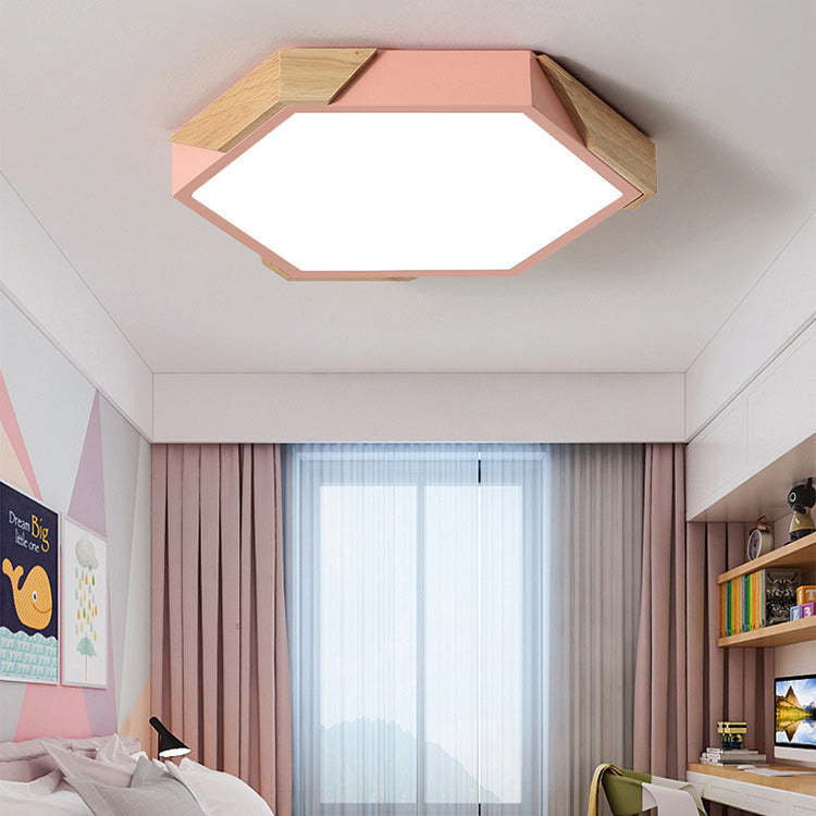 Contemporary Scandinavian Hexagonal Wood Grain Iron LED Flush Mount Ceiling Light For Bedroom