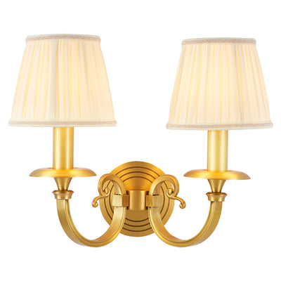 Modern Luxury Full Copper Frame Pleated Fabric Shade 1/2-Light Wall Sconce Lamp For Living Room