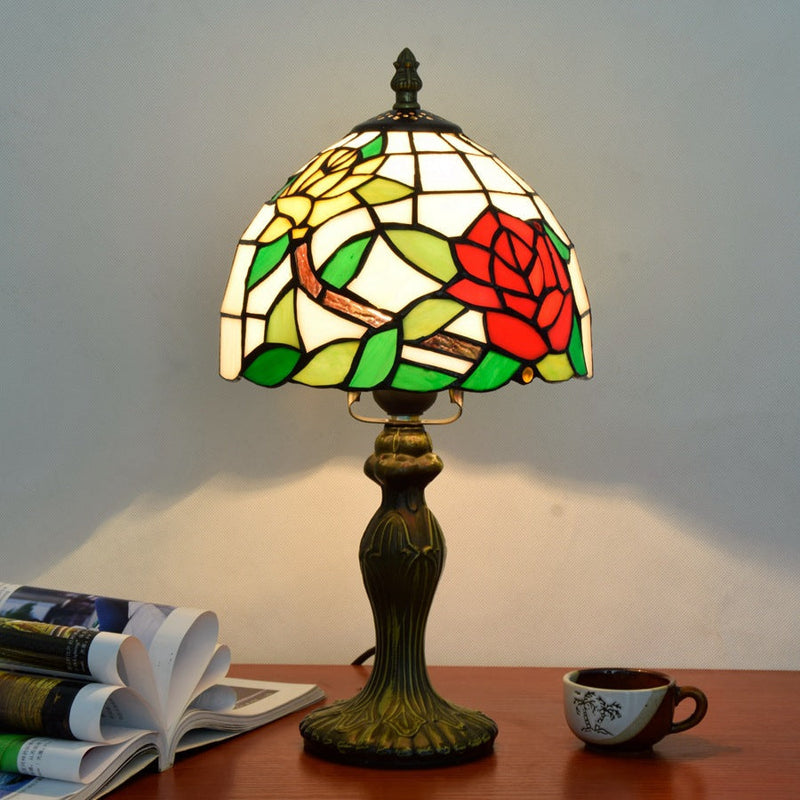 Traditional Tiffany Stained Glass Rose Flower Cone Dome 1-Light Table Lamp For Bedroom