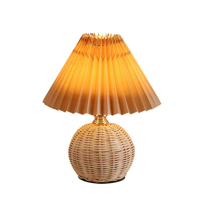 Contemporary Nordic Rattan Fabric Pleated Conic Ball LED Table Lamp For Bedroom