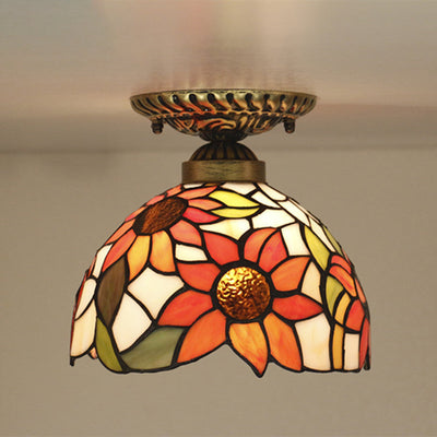 Traditional Tiffany Stained Glass Sunflower Bowl Shape 1-Light Semi-Flush Mount Ceiling Light For Living Room