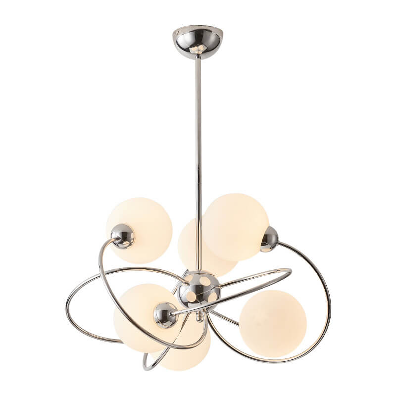 Modern Mid-Century Milk White Glass Ball Chrome Ring 6-Light Chandelier For Living Room