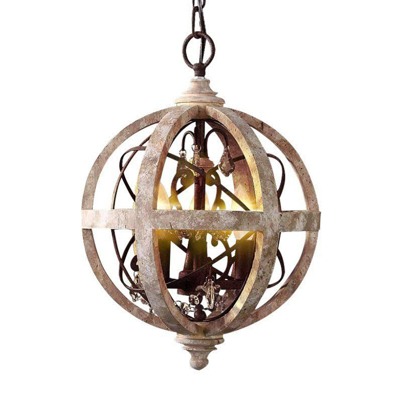 Traditional Rustic Weathered Wooden Sphere Crystal Decor 4/5-Light Chandelier For Living Room