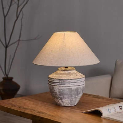 Traditional Vintage Handmade Ceramic Fabric Pot Conic 1-Light Table Lamp For Bedside