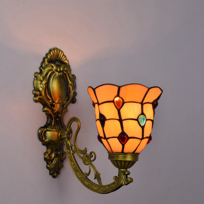 Traditional Tiffany Iron Crystal Stained Glass Flower 1-Light Wall Sconce Lamp For Living Room