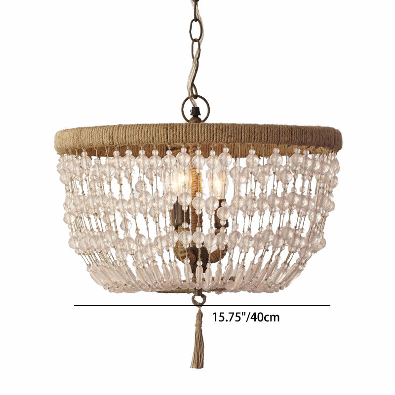 Traditional Rustic Round Hemp Rope Weaving Crystal 3-Light Chandelier For Living Room