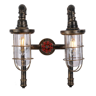 Retro Industrial Wrought Iron Water Pipe Round Glass Shade 2-Light Wall Sconce Lamp