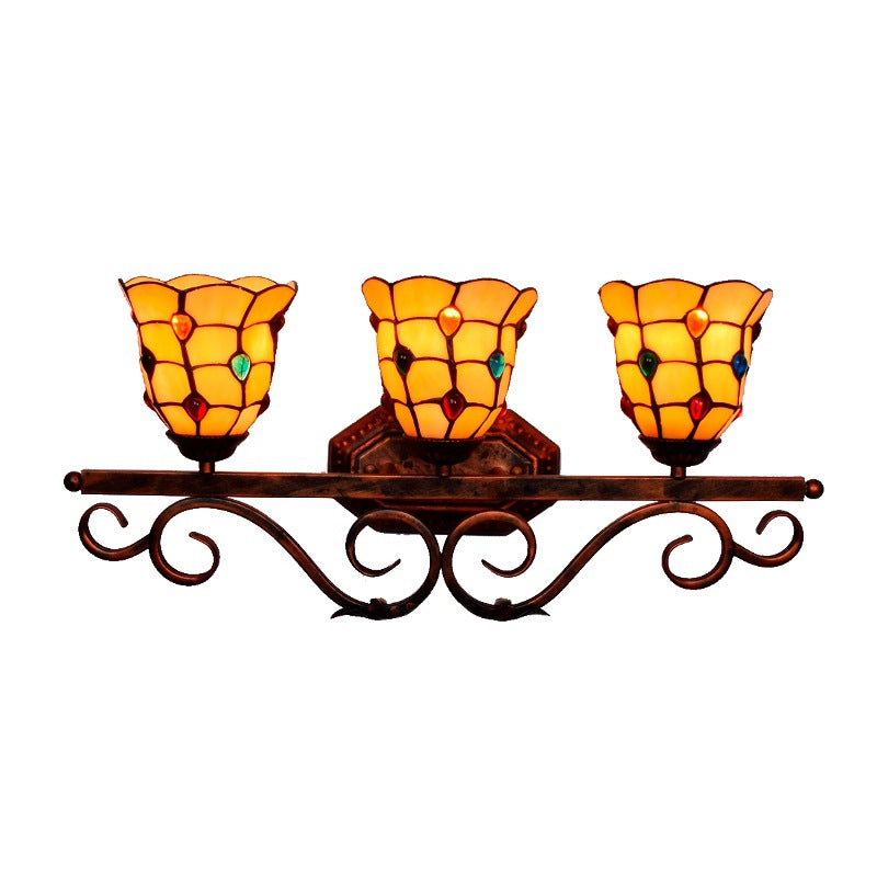 Traditional Tiffany Stained Glass Cup Shade Iron 3-Light Vanity Mirror Front Wall Sconce Lamp For Bedroom