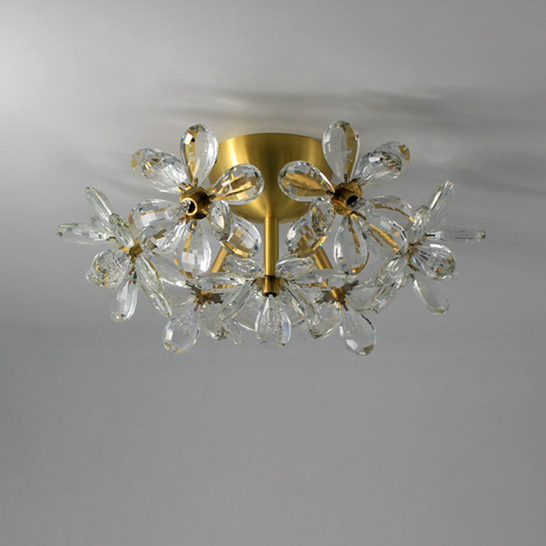 Modern Minimalist Flower Brass Crystal 3/5/6/7 Light Flush Mount Ceiling Light For Living Room