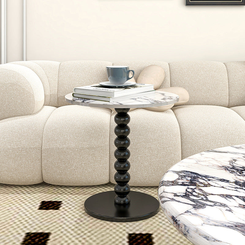 Traditional French Round Marble Wood End Table 1-Tier For Living Room