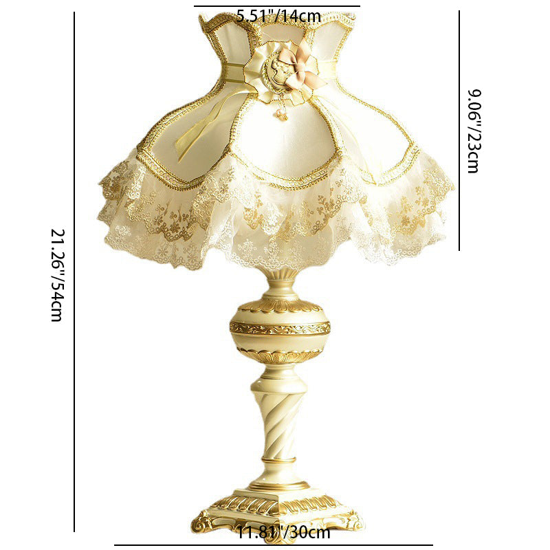 Traditional European Gorgeous Fabric Lace Shade Carved Square Base 1-Light Table Lamp For Bedroom