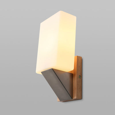 Modern Minimalist Rectangle Wood Glass 1-Light Wall Sconce Lamp For Bedroom