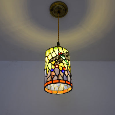 Traditional Tiffany Stained Glass Dragonfly Cylinder 1-Light Pendant Light For Living Room