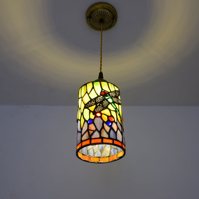 Traditional Tiffany Stained Glass Dragonfly Cylinder 1-Light Pendant Light For Living Room