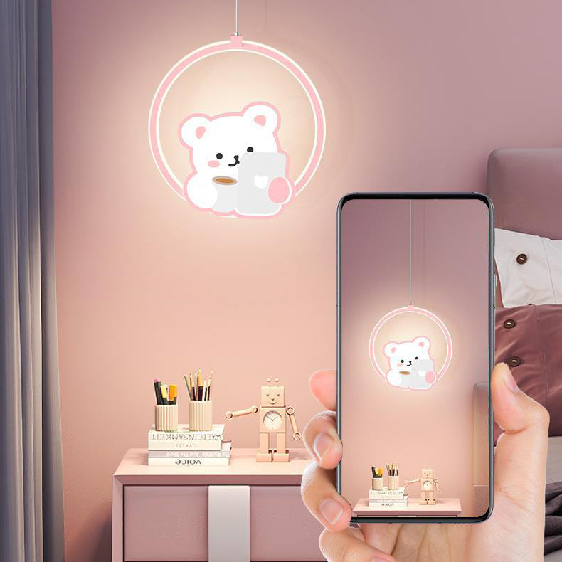 Modern Simplicity Kids Aluminum Iron Acrylic Circle Bear Cow LED Pendant Light For Bedside