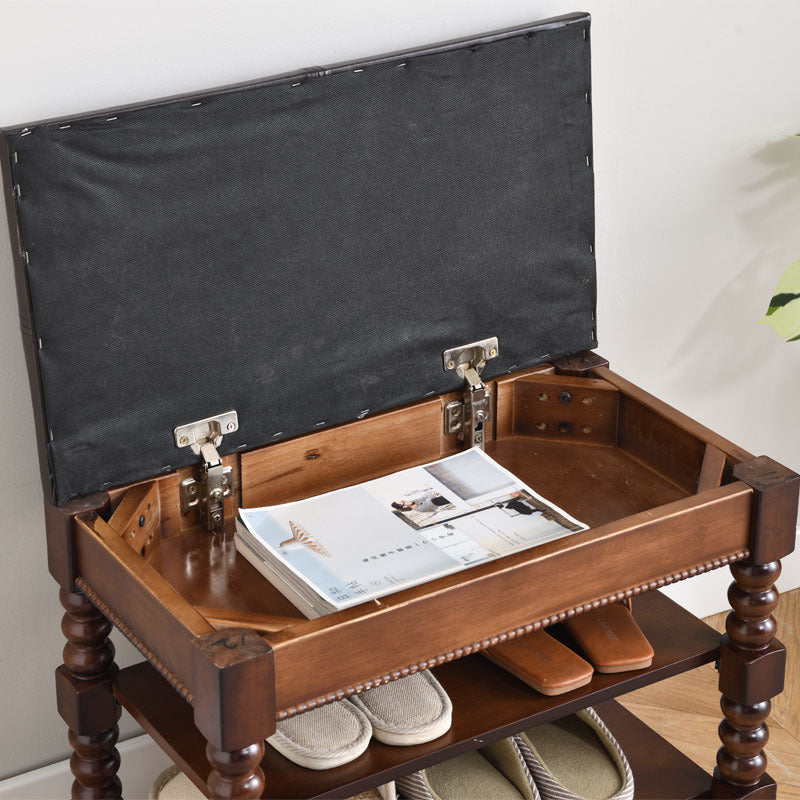 Traditional European Rectangular Wood Leather Vanity Stool Backless Armless For Living Room