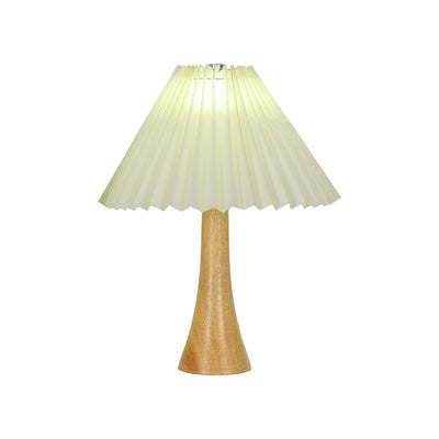 Traditional Japanese Pleated Fabric Shade Wood Column Base LED USB Table Lamp For Bedroom