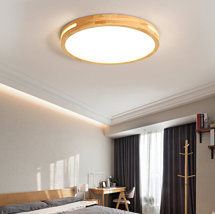 Modern Minimalist Round Wood Acrylic LED Flush Mount Ceiling Light For Bedroom