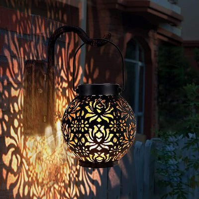 Modern Art Deco Solar Waterproof Hollow Out Blip Round Lantern Iron LED Outdoor Light For Garden