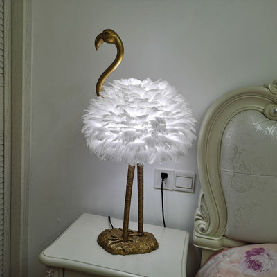 Contemporary Nordic Goose Feather Metal Flamingo Ball 1-Light Table Lamp For Bedside